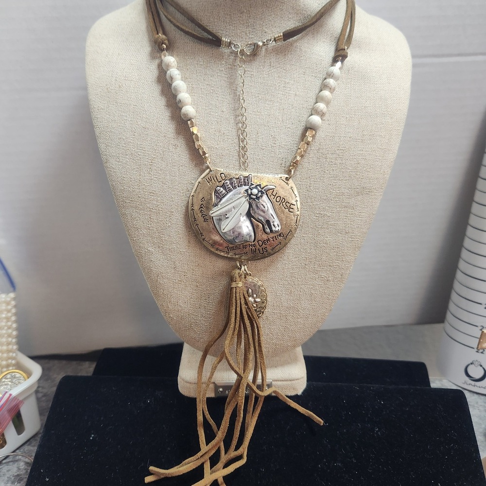 Wild Horse Statement Necklace Mixed Metal Shield Tassel Western Boho Jewelry - Picture 11 of 13